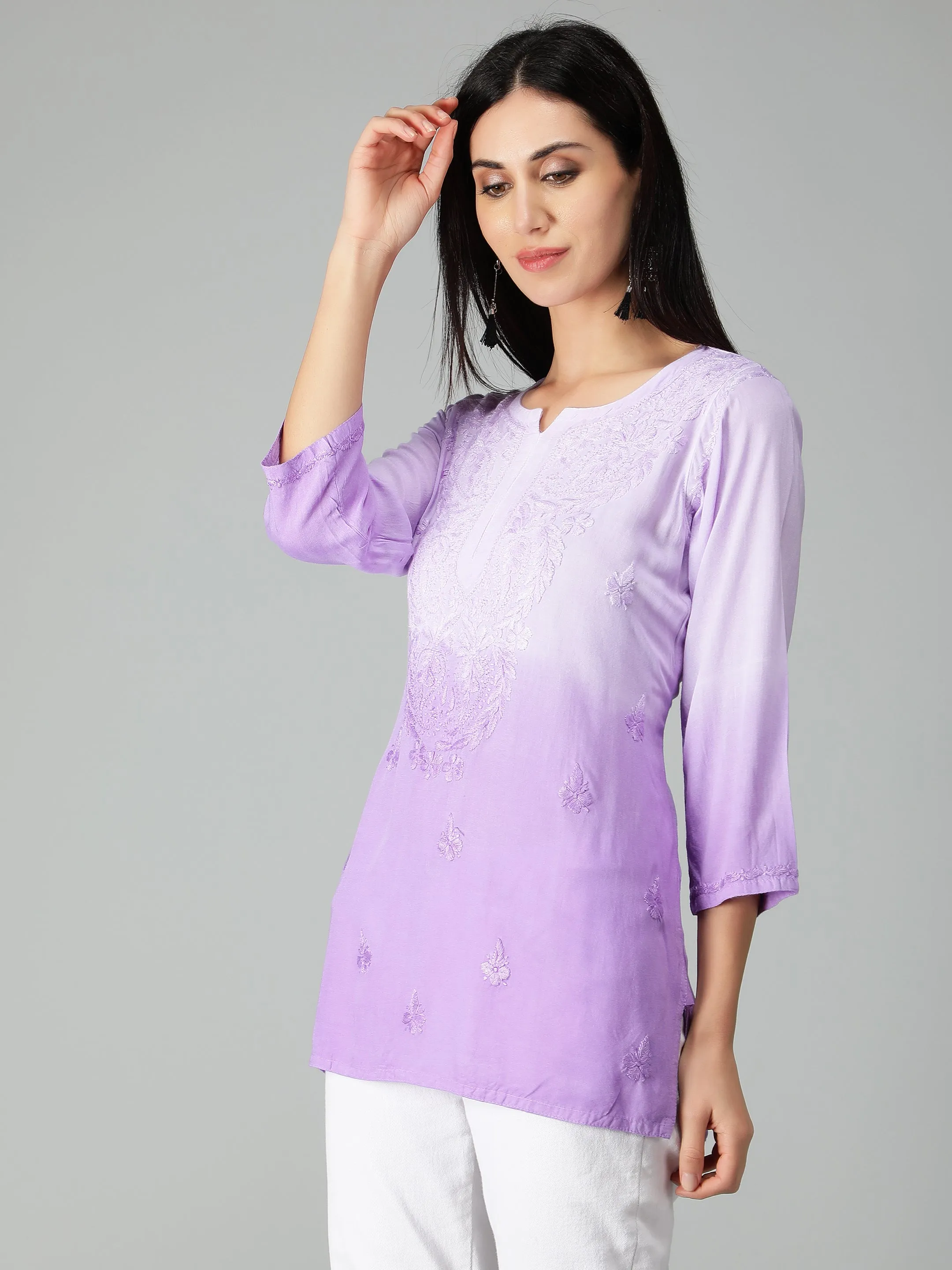 Mauve Rayon Chikankari Straight Tunic Top