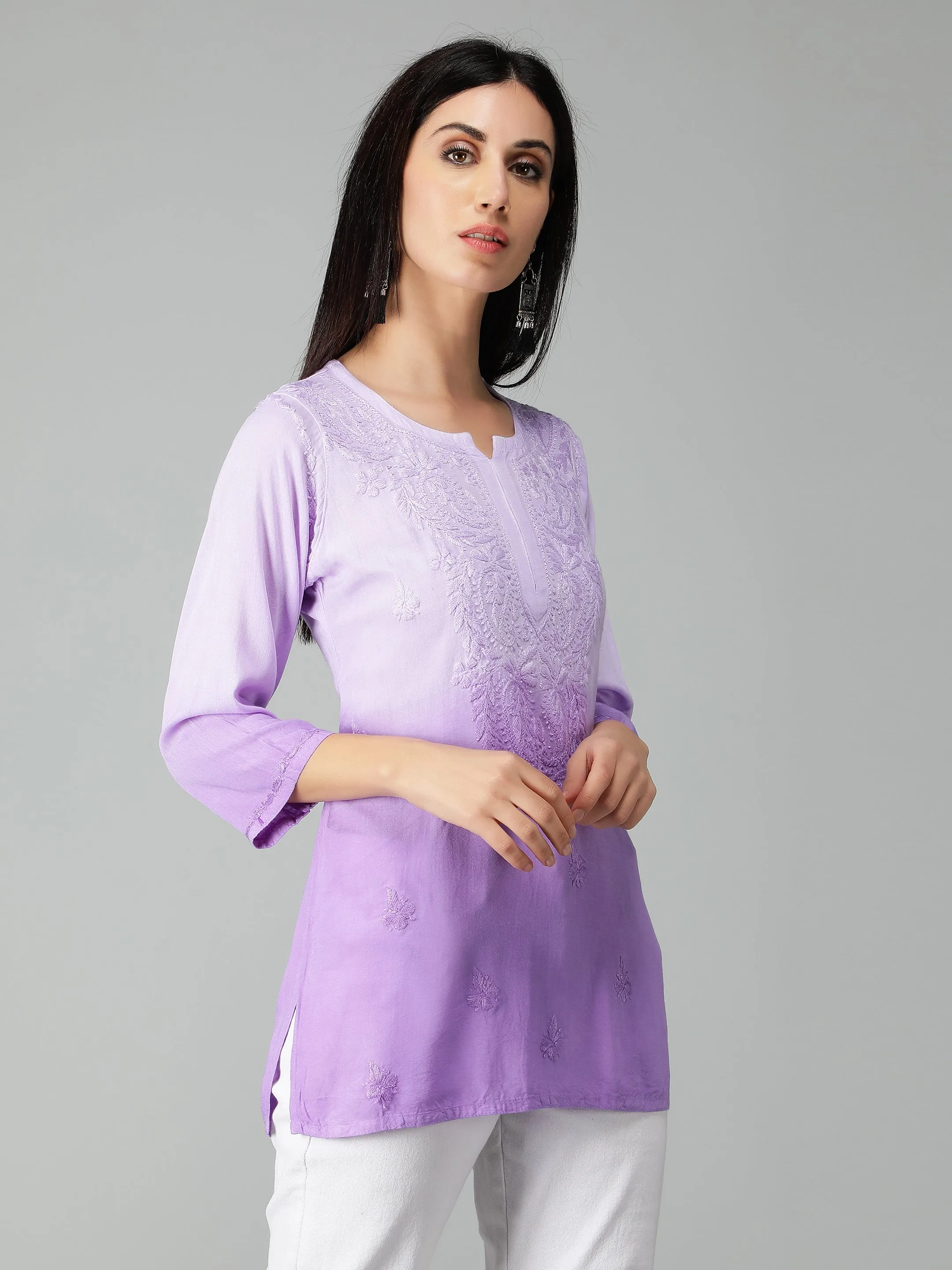 Mauve Rayon Chikankari Straight Tunic Top