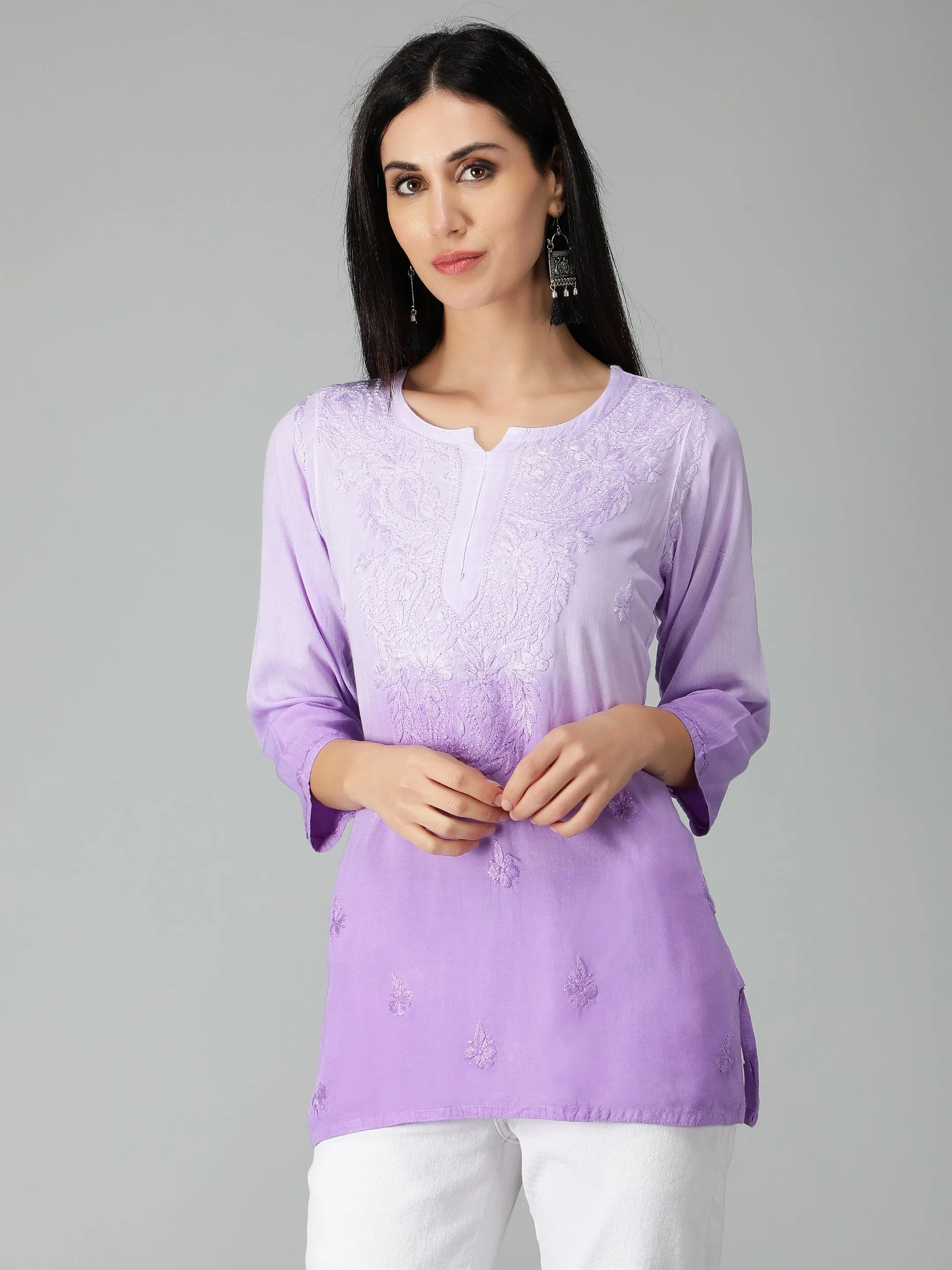 Mauve Rayon Chikankari Straight Tunic Top