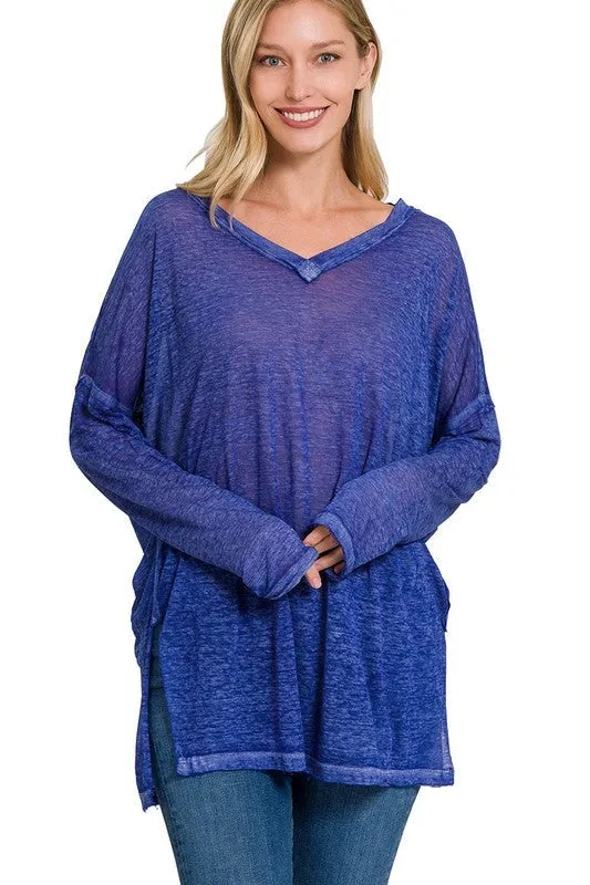 Melange Burnout Dolman Sleeve V-Neck Top