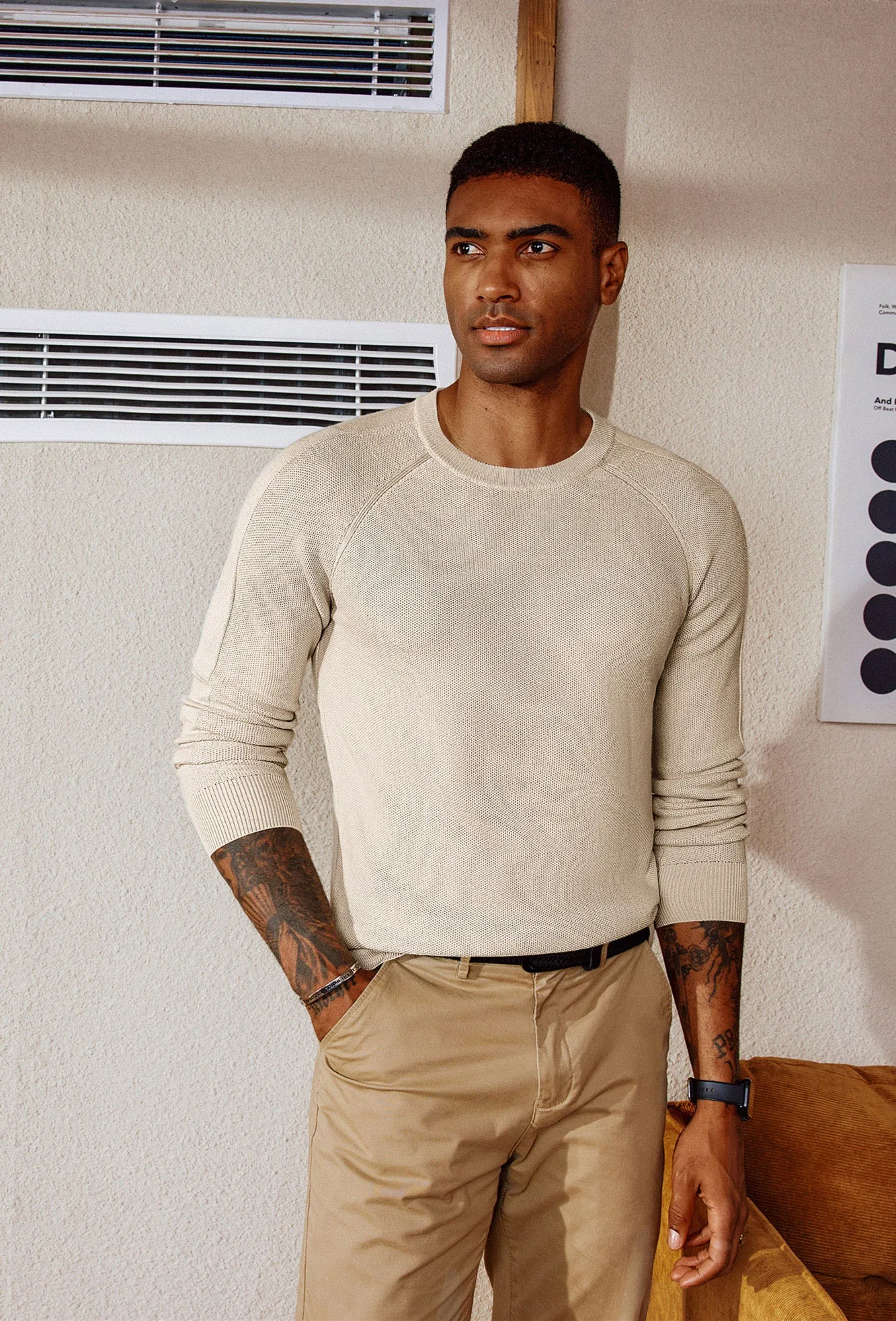 Men Cellular Textured Sweater Long Raglan Sleeve Crew Neck Kitted Tops