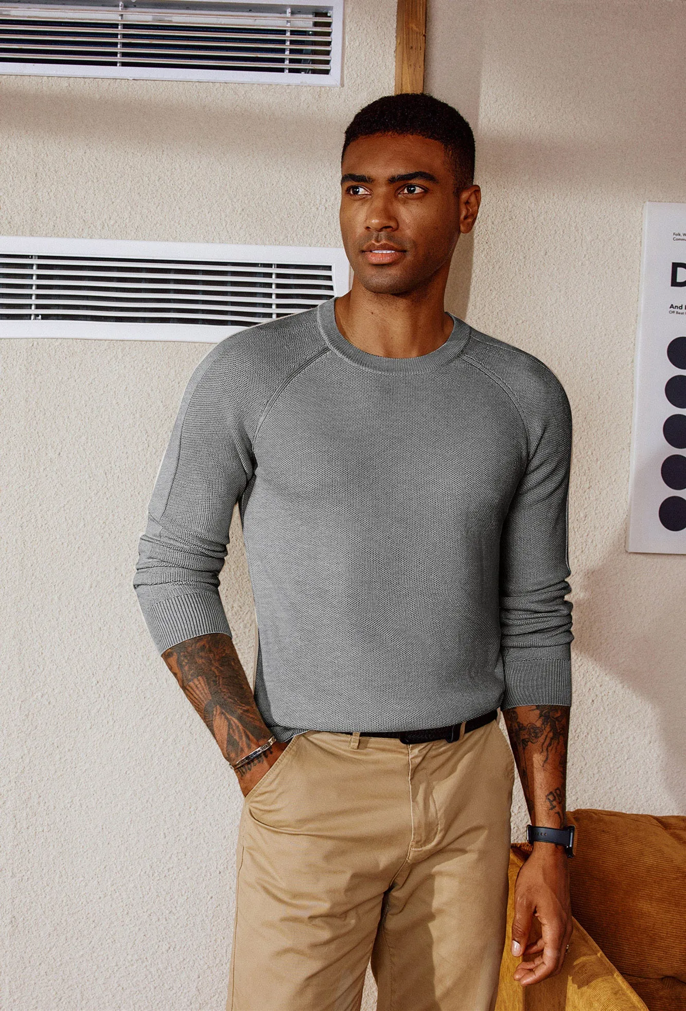 Men Cellular Textured Sweater Long Raglan Sleeve Crew Neck Kitted Tops