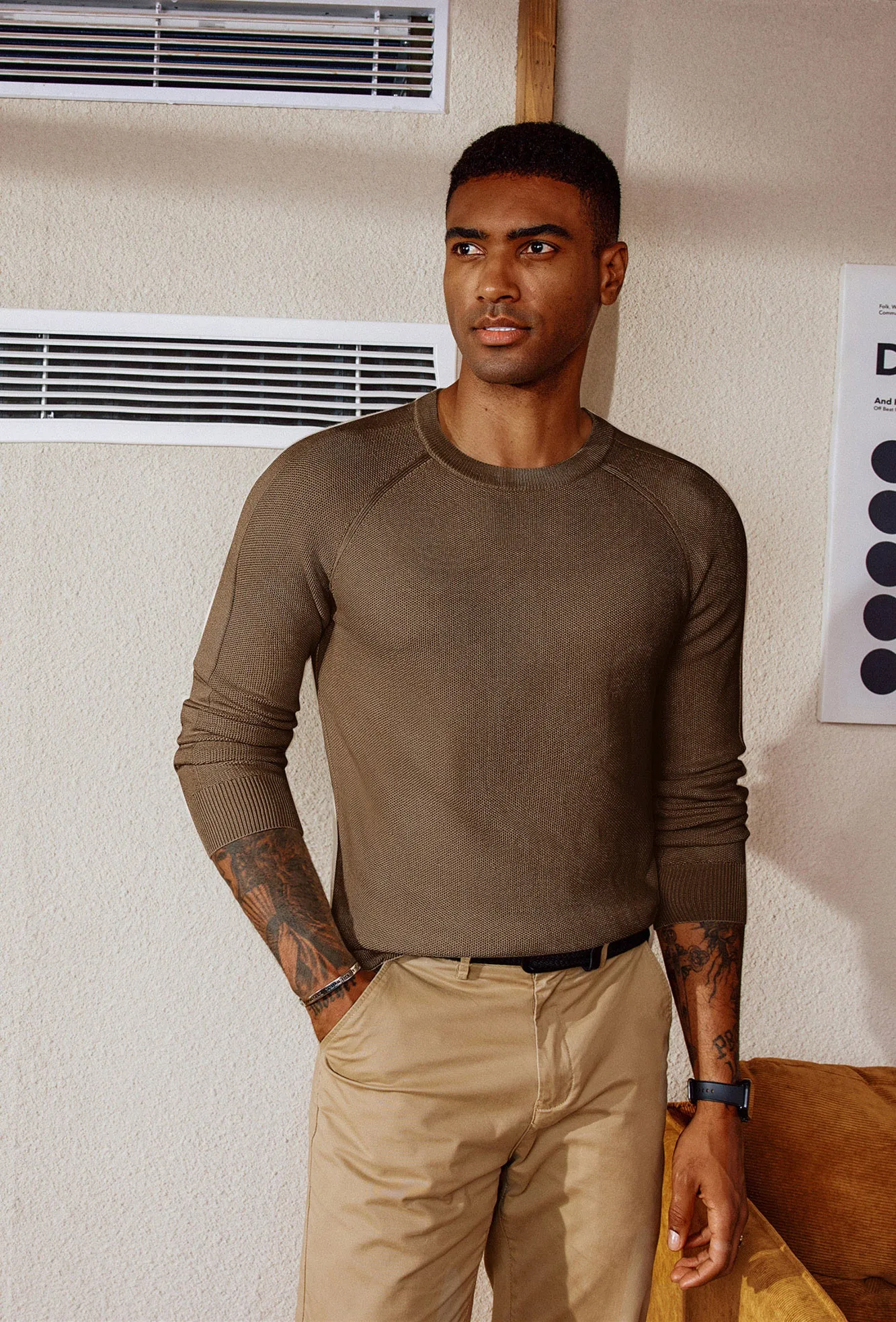 Men Cellular Textured Sweater Long Raglan Sleeve Crew Neck Kitted Tops