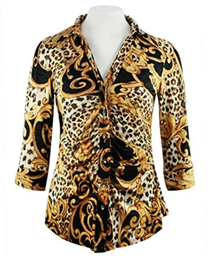 Mesmerize - Leopard Scroll, 3/4 Sleeve, Rhinestone Button Rouching Front Top