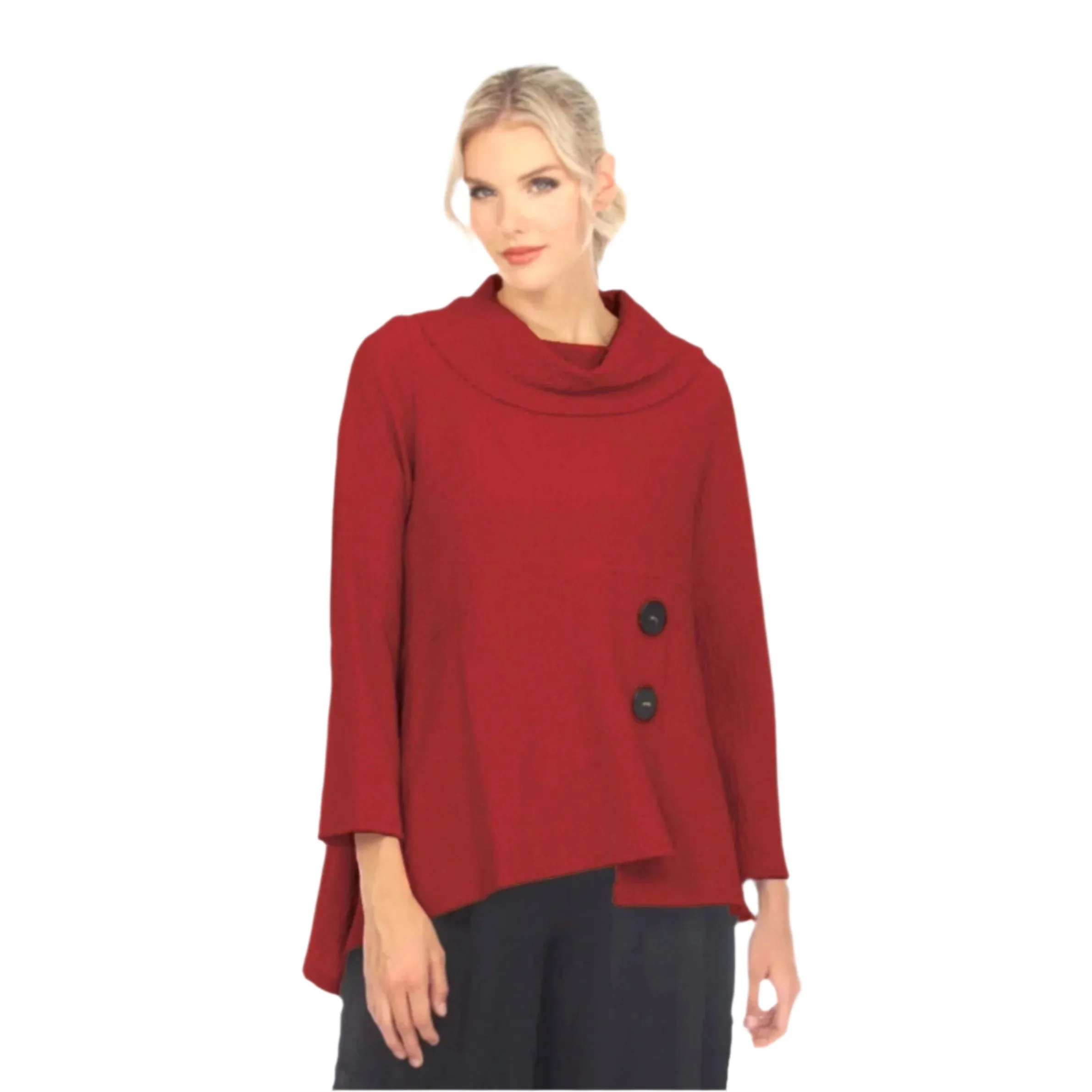 Moonlight Cowl-Neck Asymmetric Tunic Top in Red -3574-RD