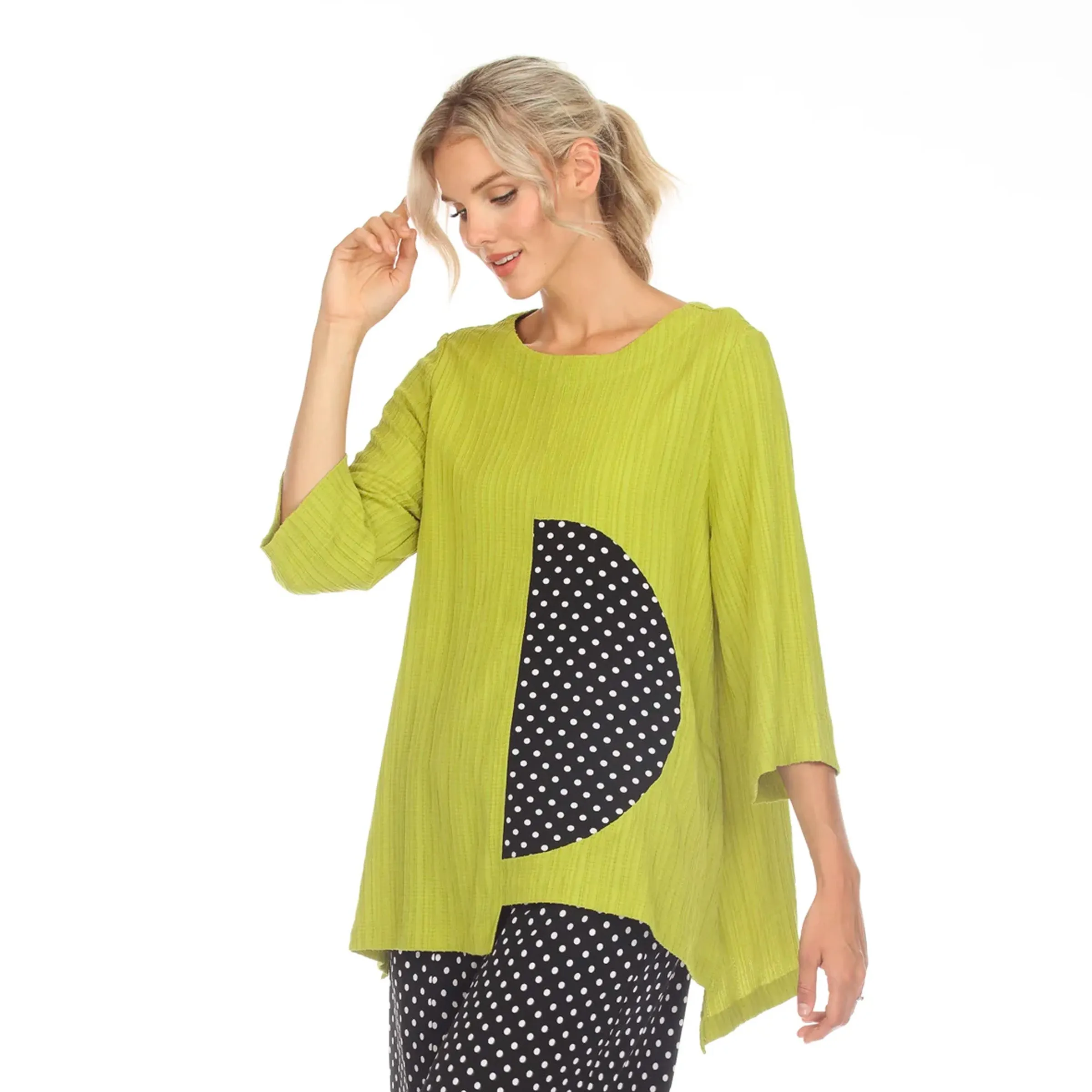 Moonlight Polka-Dot Trim Asymmetric Tunic in Lime/Black/White - 3746