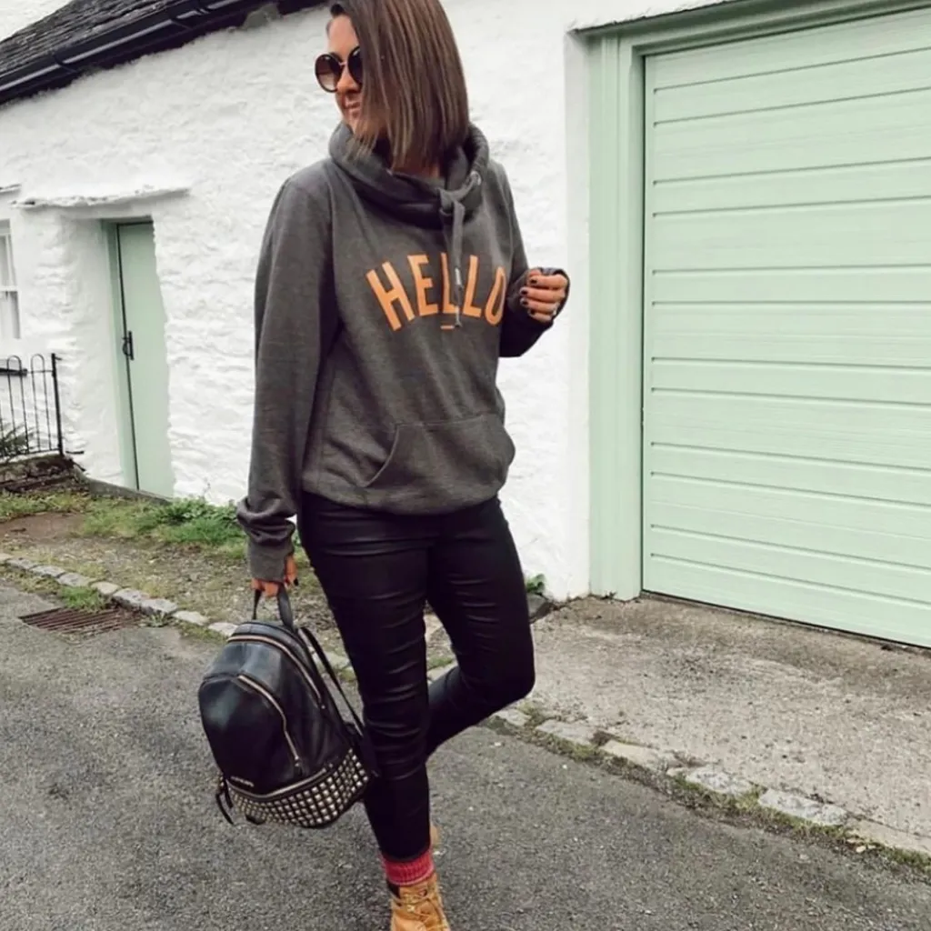 Orange HELLO hoodie in Charcoal