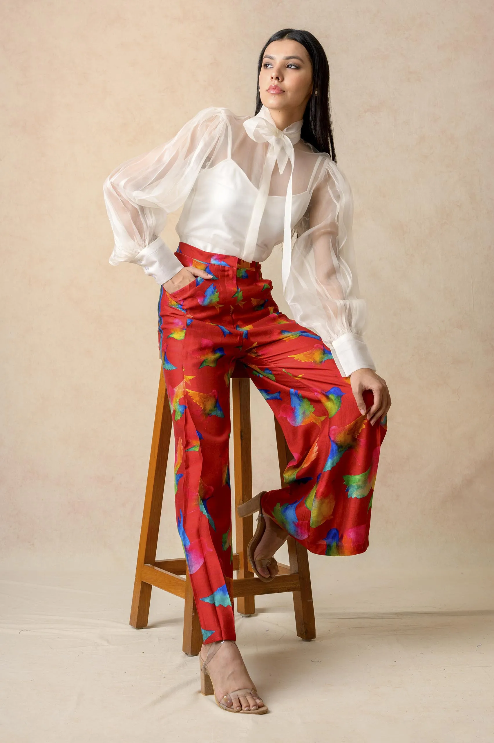 Organza top with flared pants