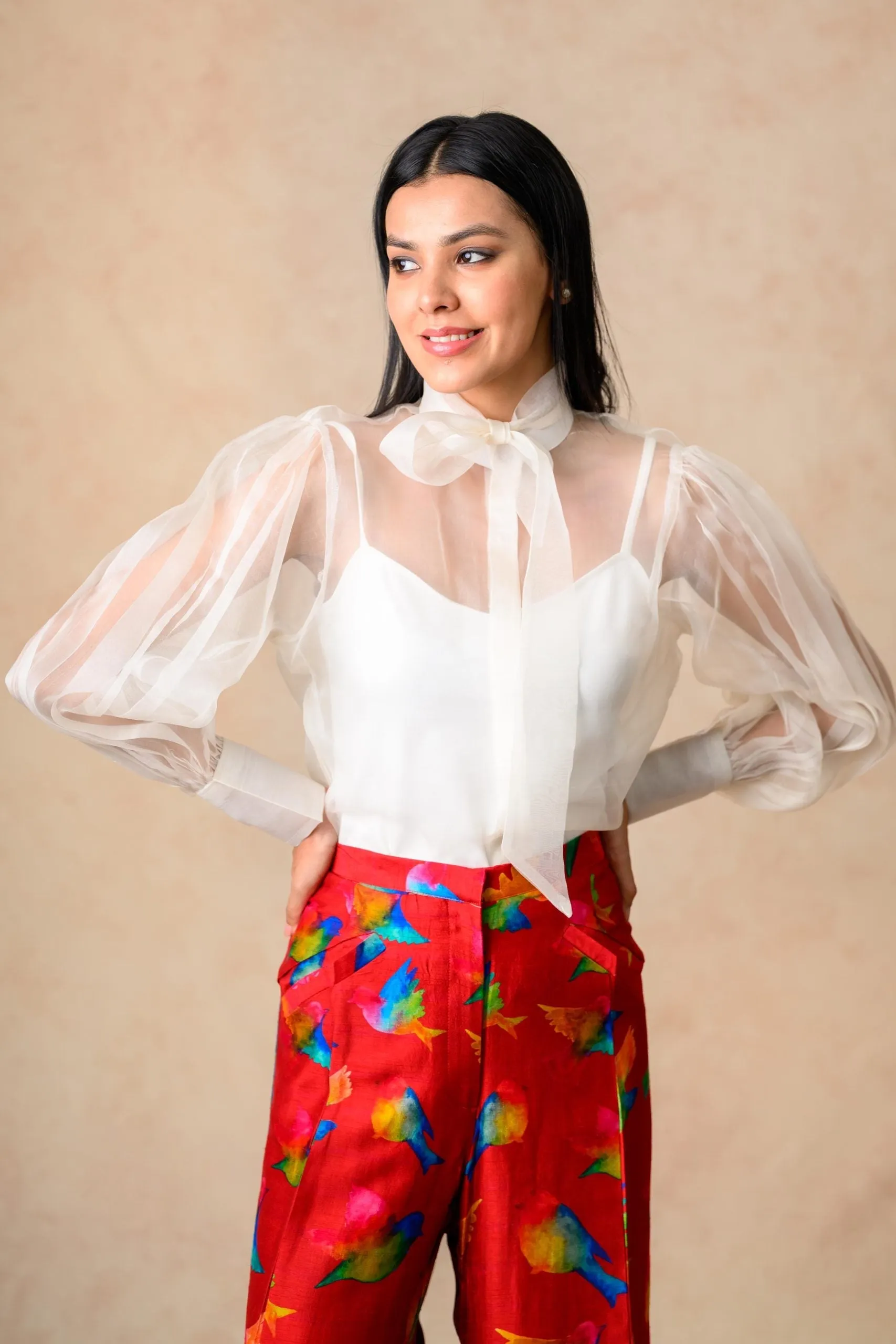 Organza top with flared pants