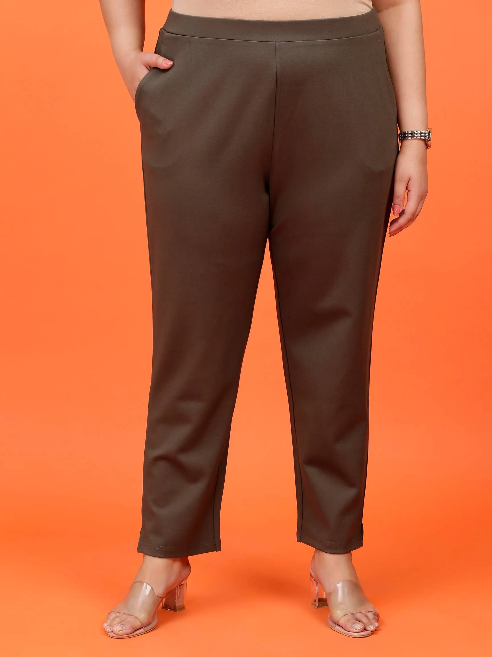 Plus Size Women Olive Green Cigarette Pants