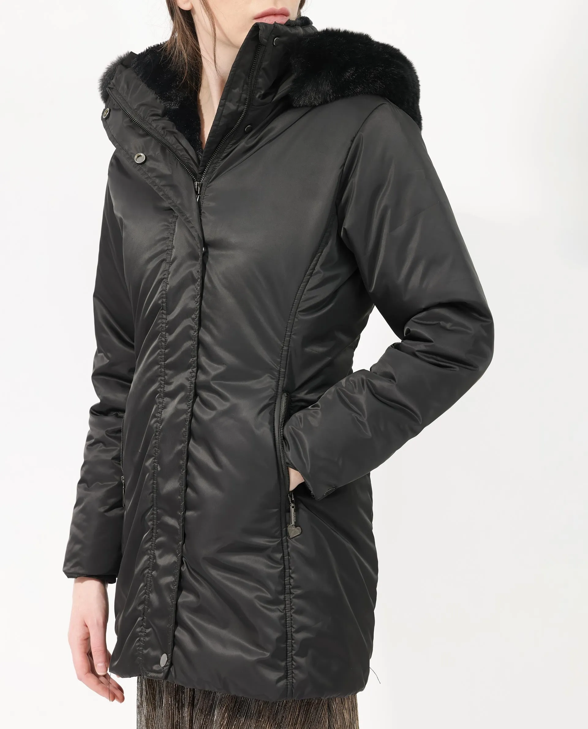 Rareism Women Angena Black Polyester Fabric Full Sleeves Zip Closure Hooded Regular Fit Plain Jacket