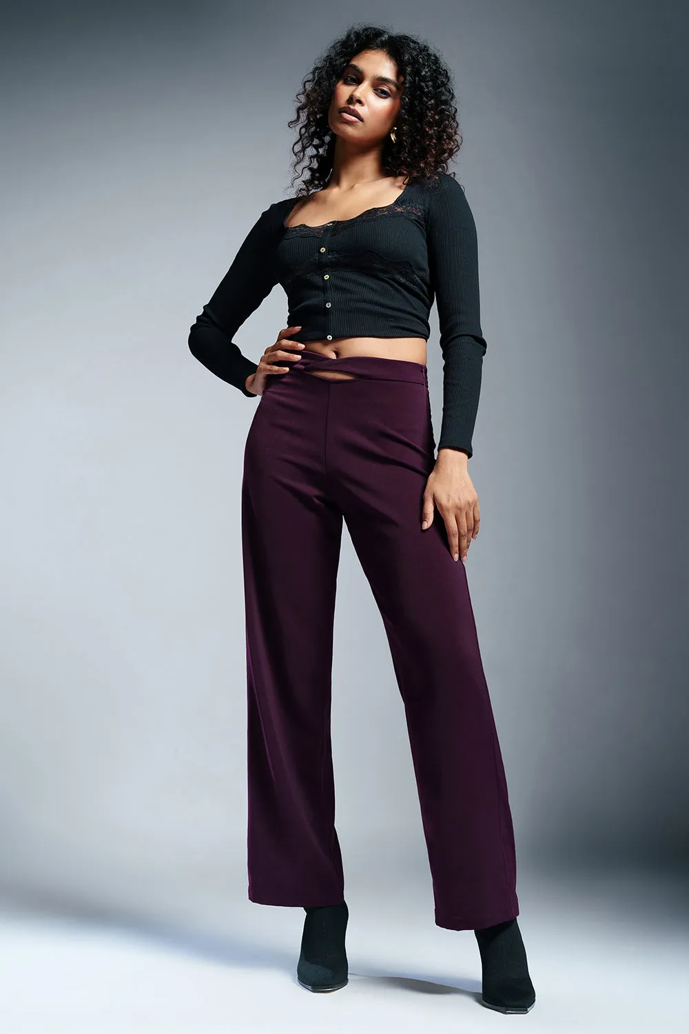 Ruby Wine Twisted Waist Korean Pants