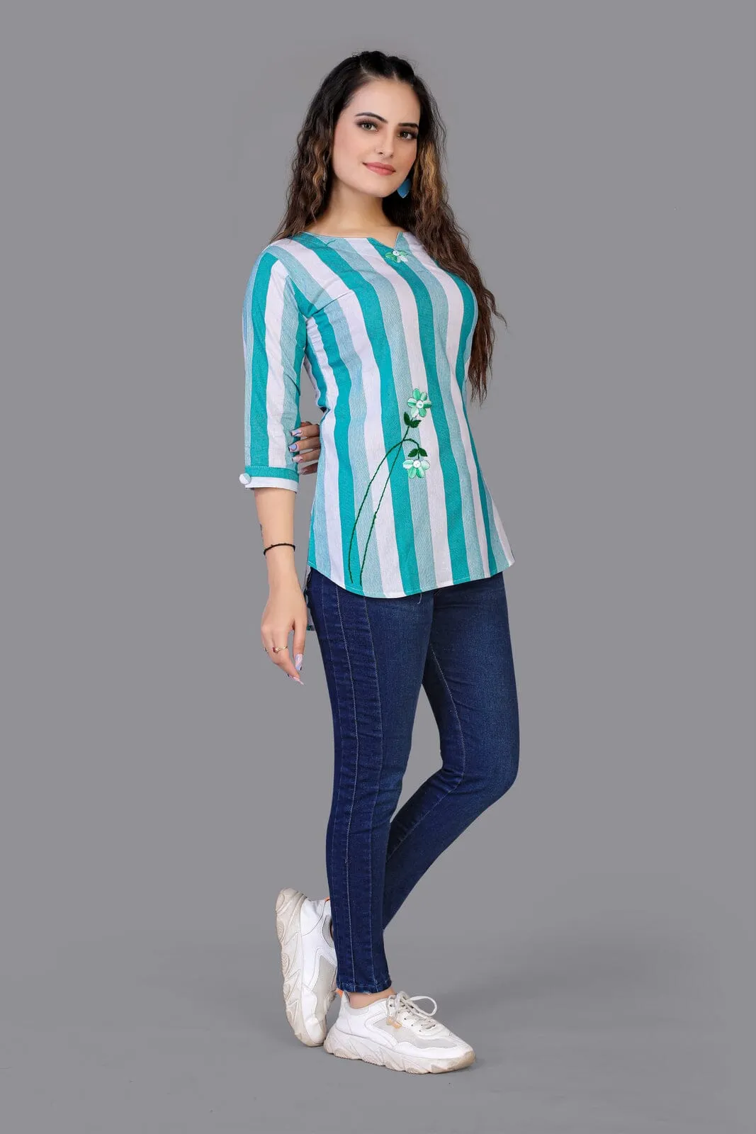 This Is a pure cotton very Light Aqua Blue Beautiful Color V-Neck Three-Quarter Sleeves Tunics for collage girl and Women