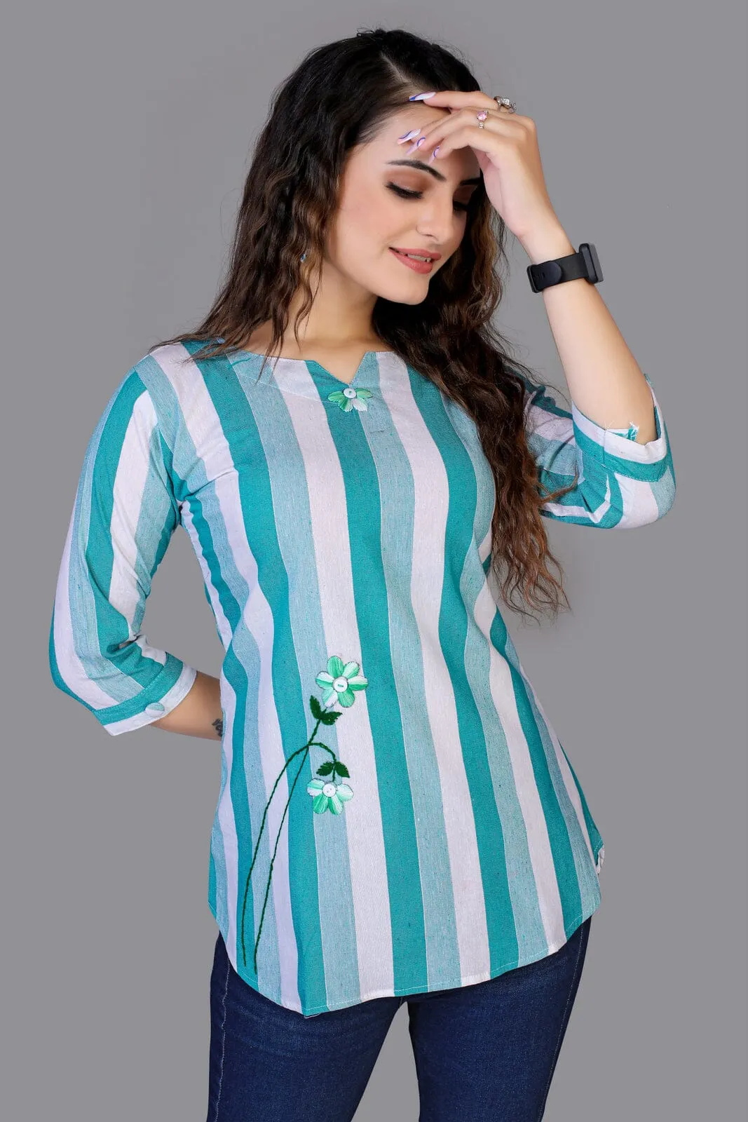 This Is a pure cotton very Light Aqua Blue Beautiful Color V-Neck Three-Quarter Sleeves Tunics for collage girl and Women