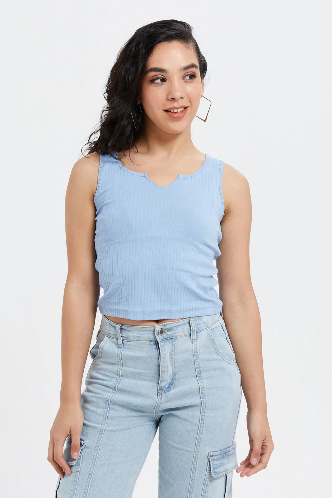 Women Blue Ribbed Top