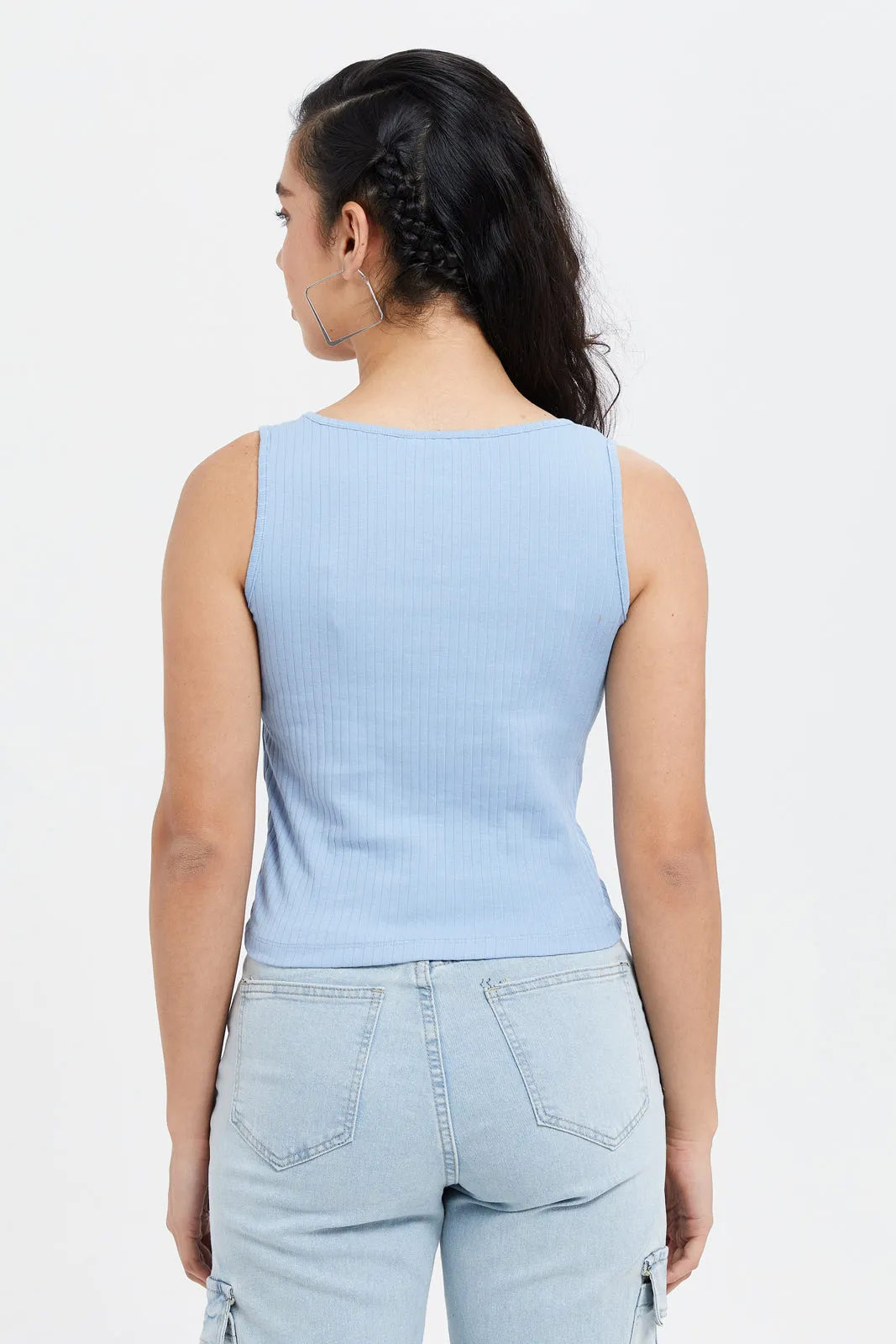 Women Blue Ribbed Top