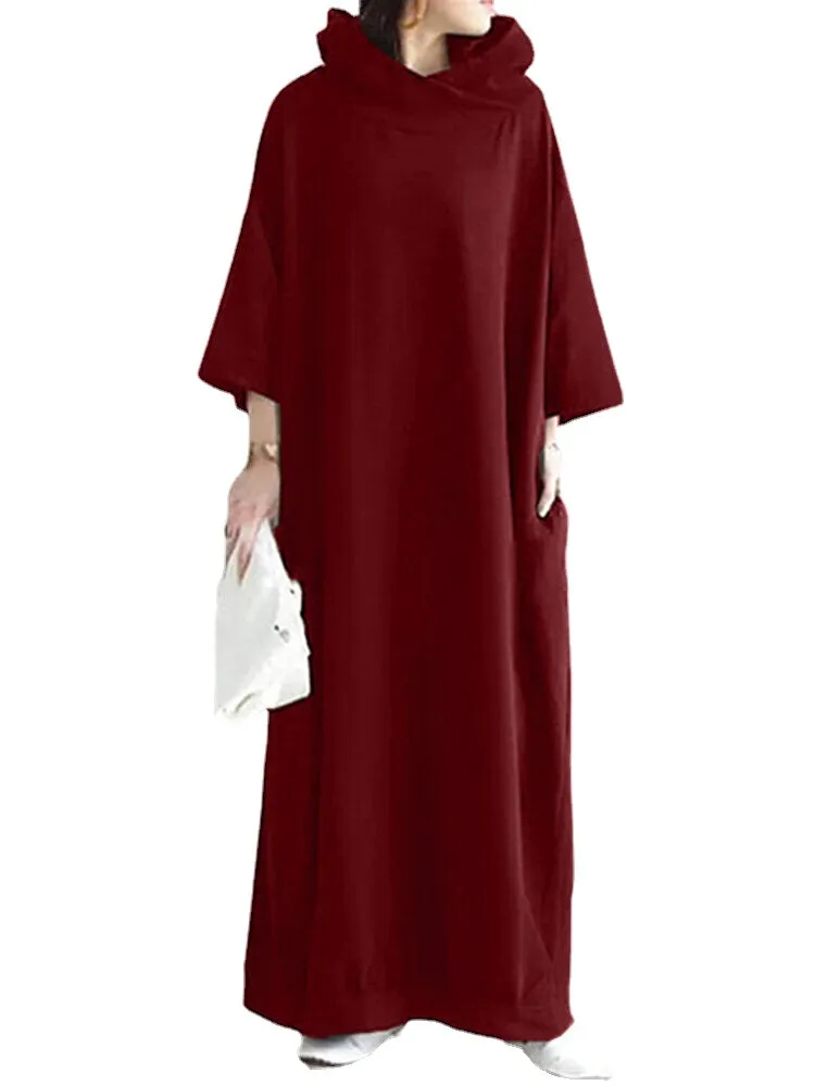 Women Loose Sweatshirt Maxi Length Side Pockets Hooded Midi Dresses