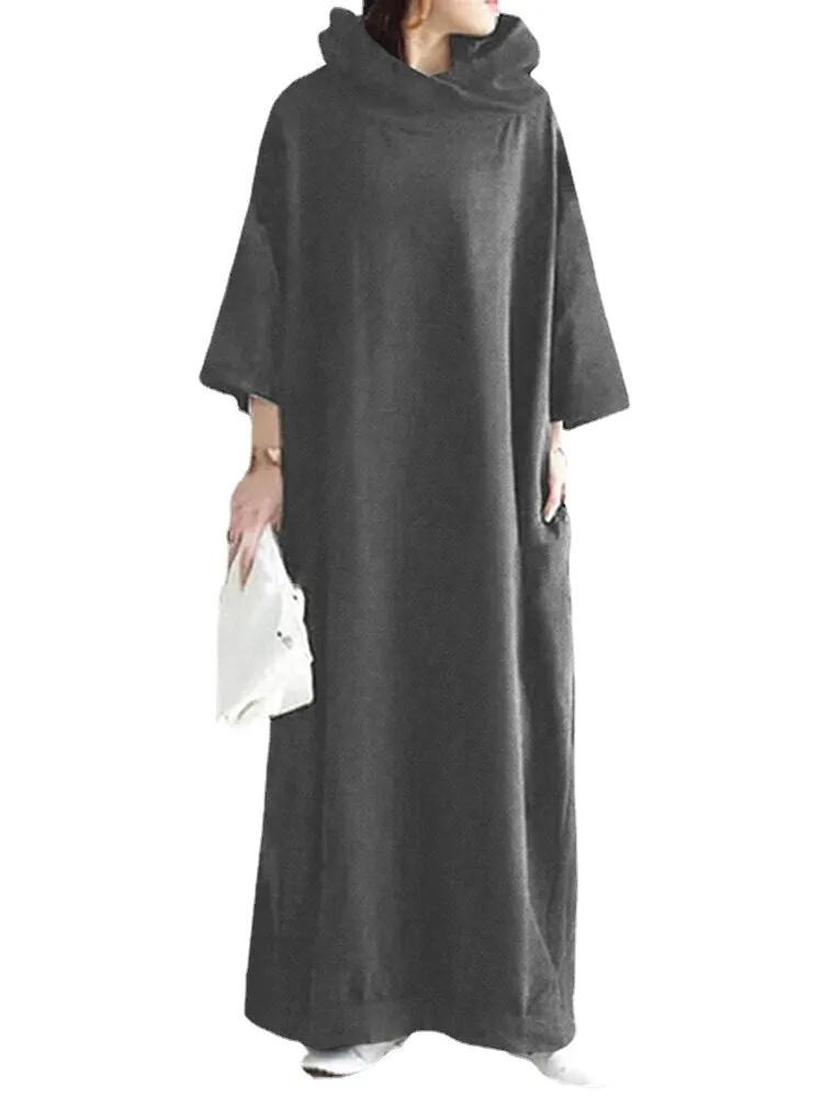 Women Loose Sweatshirt Maxi Length Side Pockets Hooded Midi Dresses