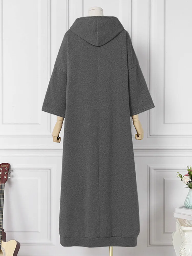 Women Loose Sweatshirt Maxi Length Side Pockets Hooded Midi Dresses