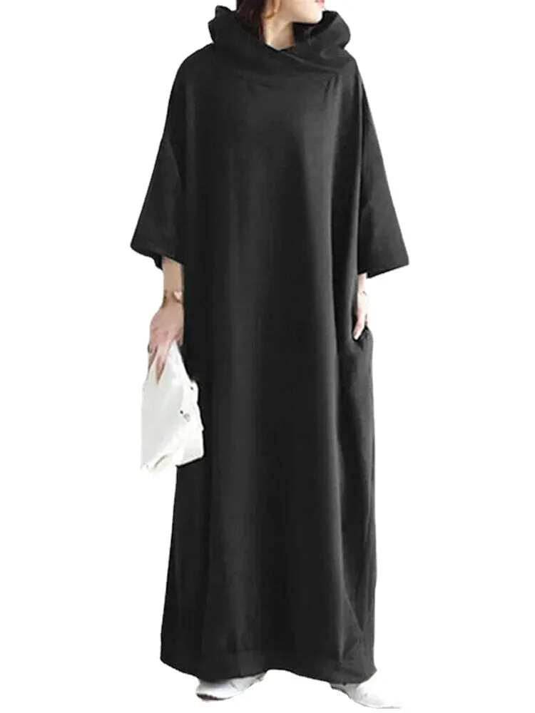 Women Loose Sweatshirt Maxi Length Side Pockets Hooded Midi Dresses