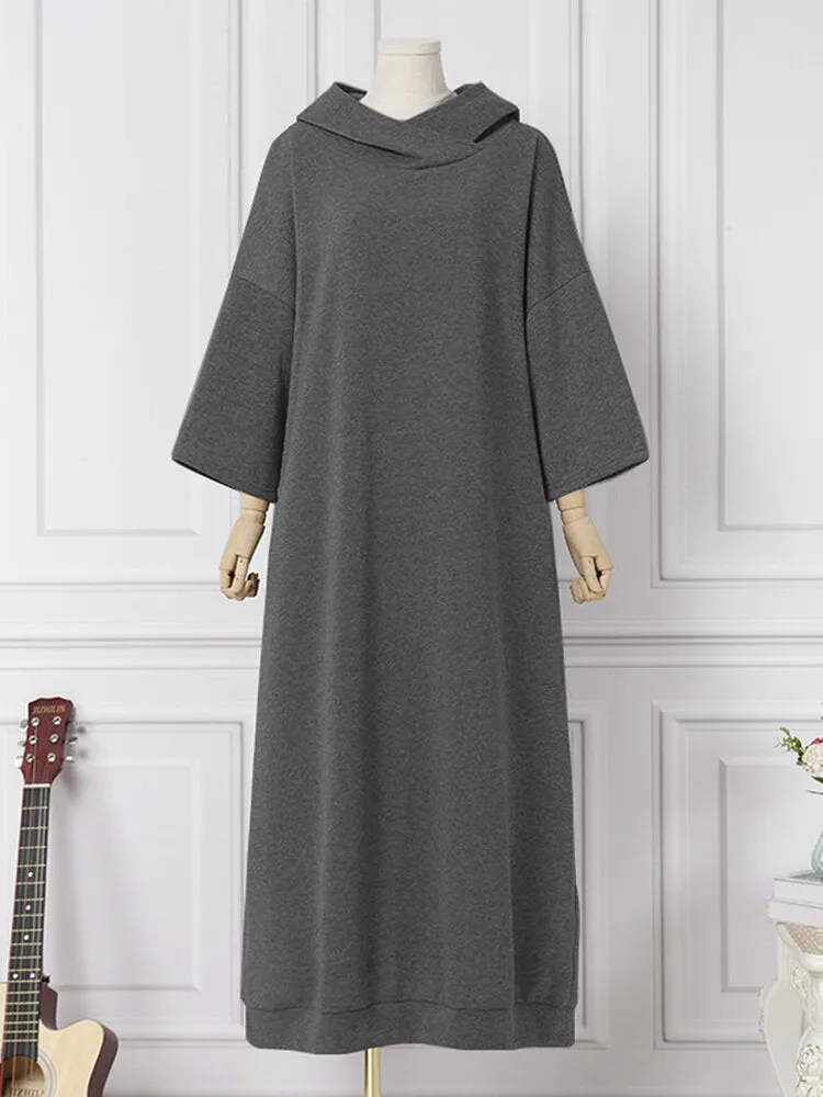 Women Loose Sweatshirt Maxi Length Side Pockets Hooded Midi Dresses