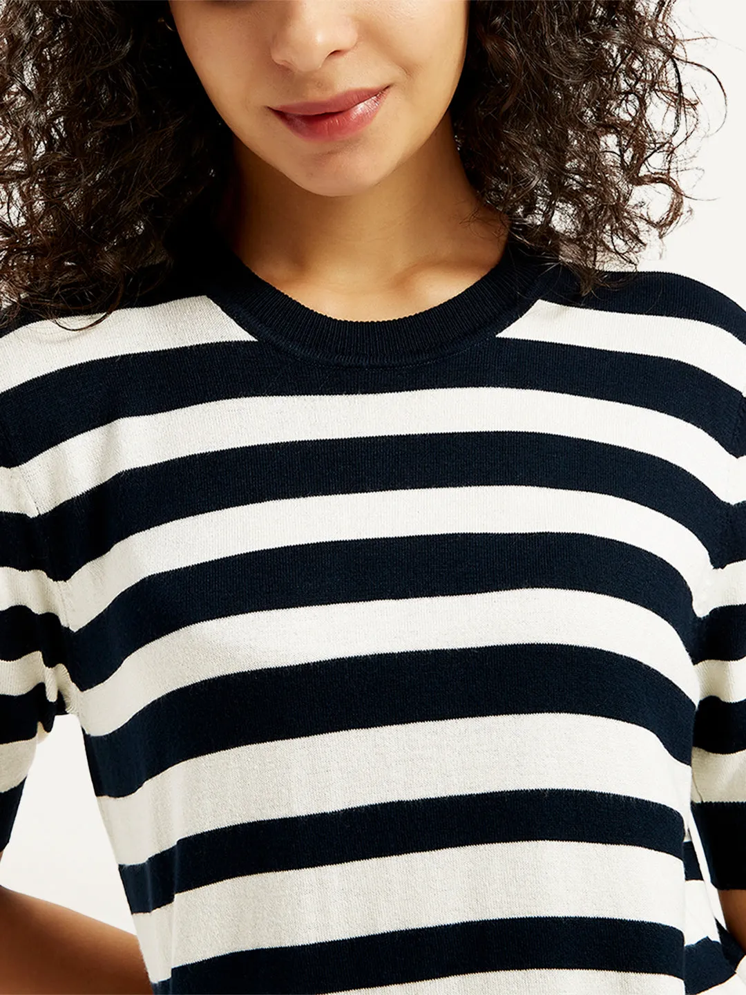 Women's Striped Black Crew Neck Sweater