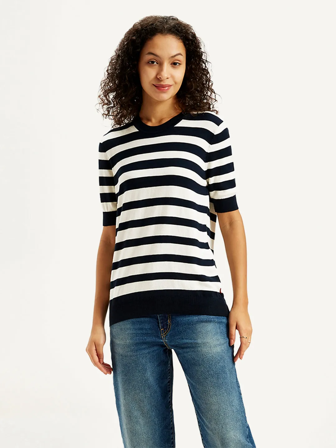 Women's Striped Black Crew Neck Sweater