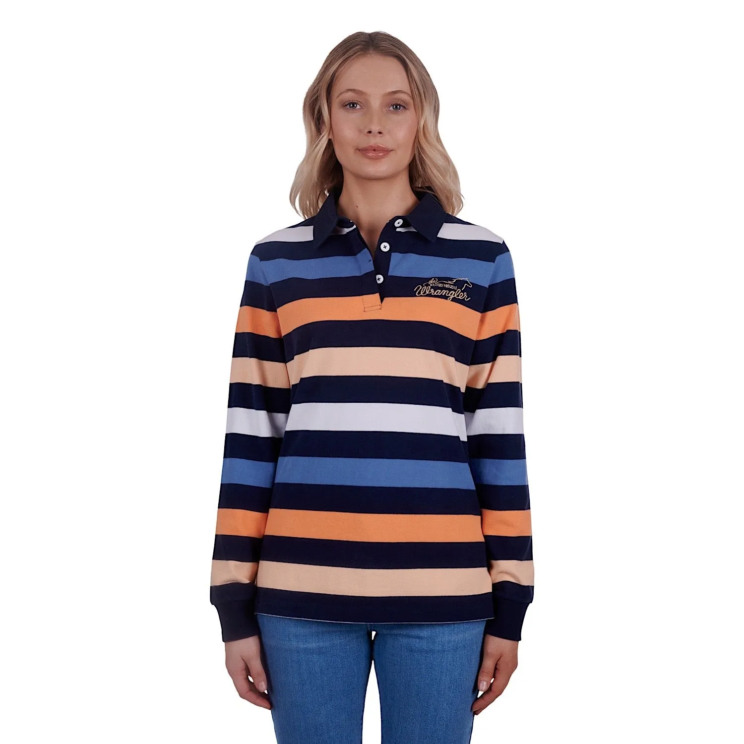 Wrangler Womens Isabel Stripe Rugby Navy/Orange