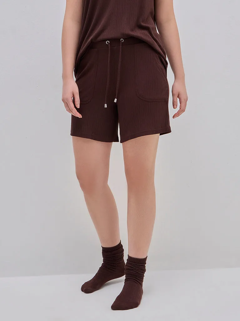 Wunderlove Brown Ribbed High-Rise Cotton Blend Shorts