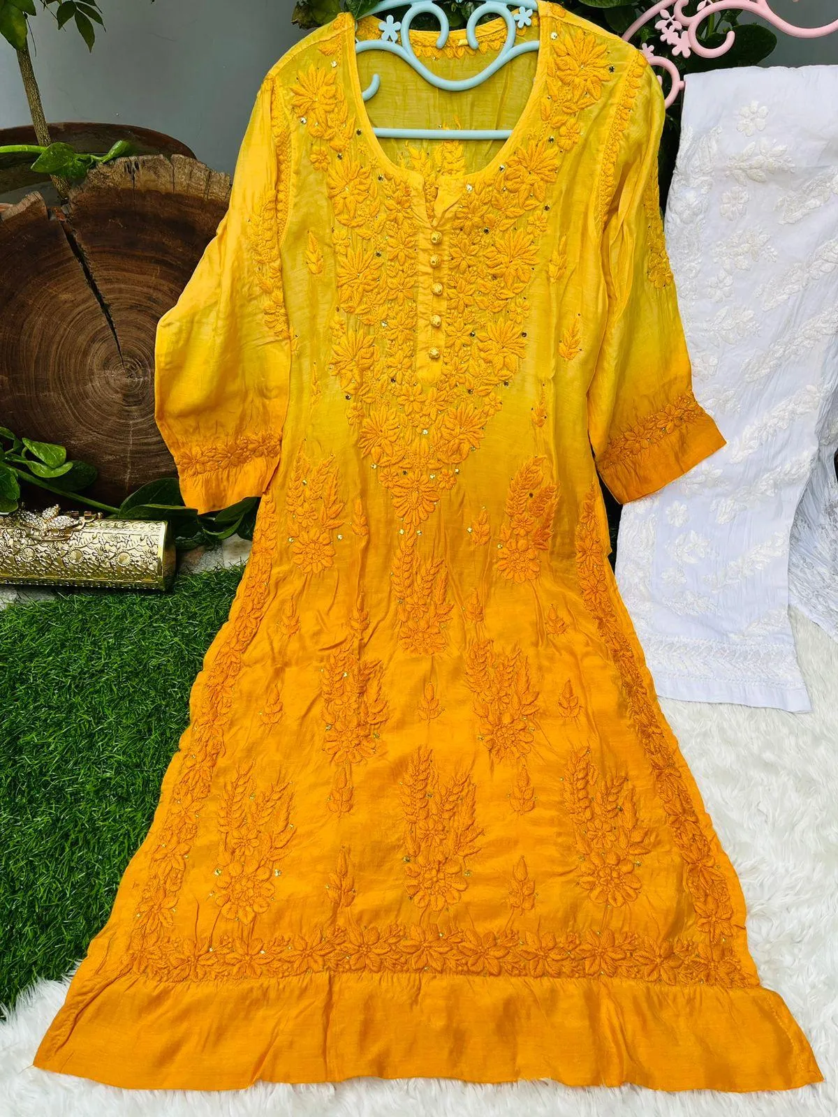 Yellow Elegance in Motion 3D Quraishiya Button Pure Muslin Kurti Set